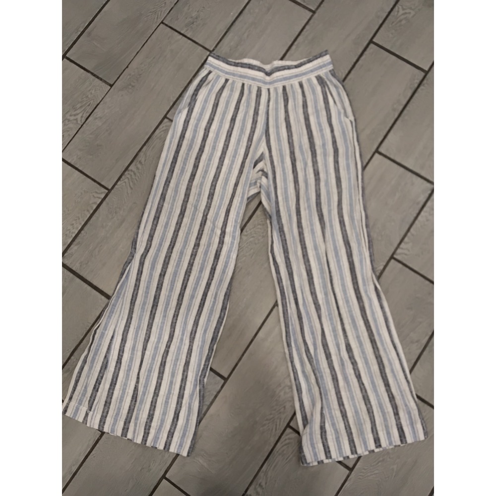 Drew Blue White Striped Linen Blend Wide Leg Pants Elastic Waist Womens Medium